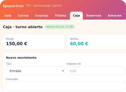 Pantalla de caja de tpvpartner